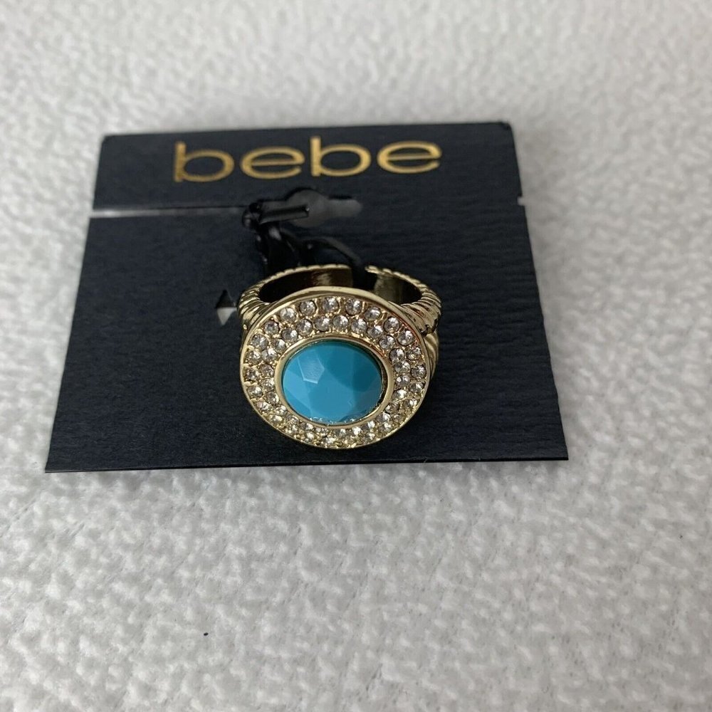 Bebe Gold Tone Blue Turquoise Ring Cubic Zirconium Size 7 Fashion Ring 16$